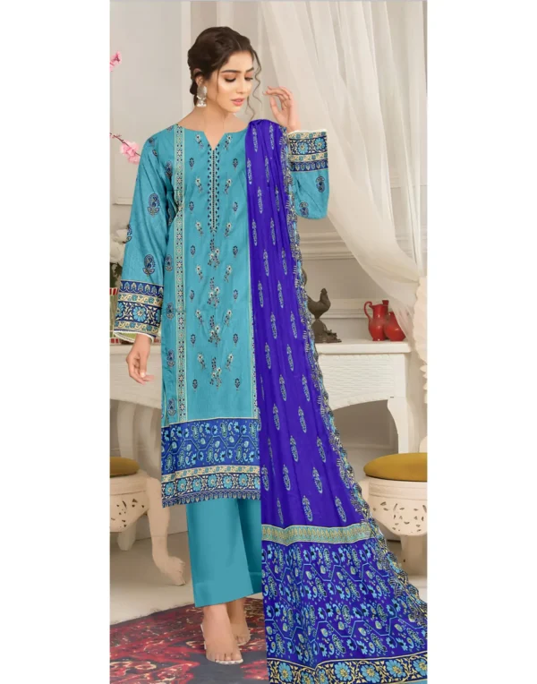 Lebaas'e Saajee Embroidery Unstitched Lawn Dress (3 piece) BlueColor