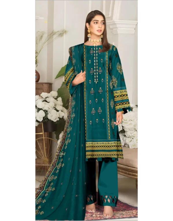Lebaas'e Saajee Embroidery Unstitched Lawn Dress (3 piece) Dark Green Color