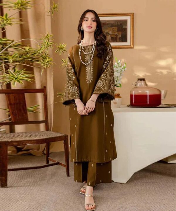 Lebaas’e Saajee Embroidery Unstitched Lawn Dress (3 piece) Chocolate Brown