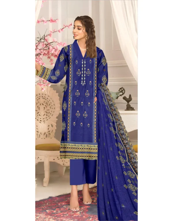 Lebaas'e Saajee Embroidery Unstitched Lawn Dress (3 piece) Navy Blue Color