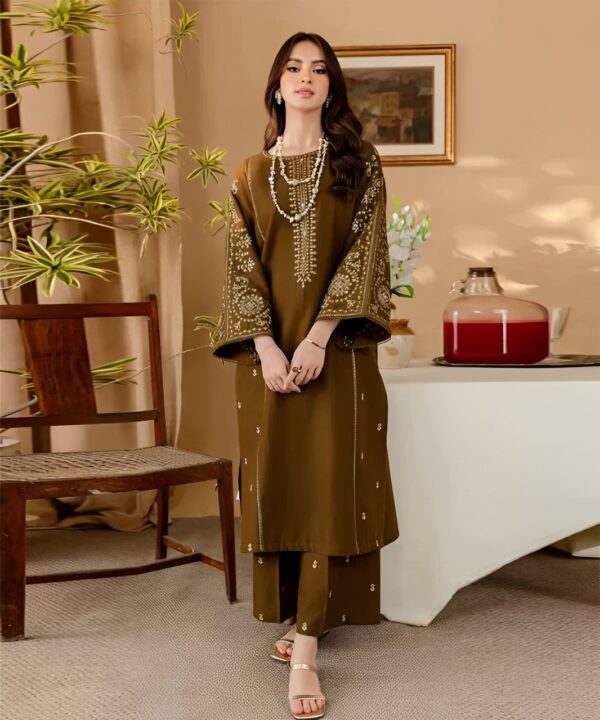 Lebaas’e Saajee Embroidery Unstitched Lawn Dress (3 piece) Chocolate Brown