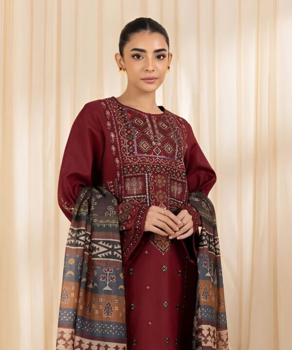 Lebaas’e Saajee Embroidery Unstitched Premium Lawn Dress (3 piece) Maroon